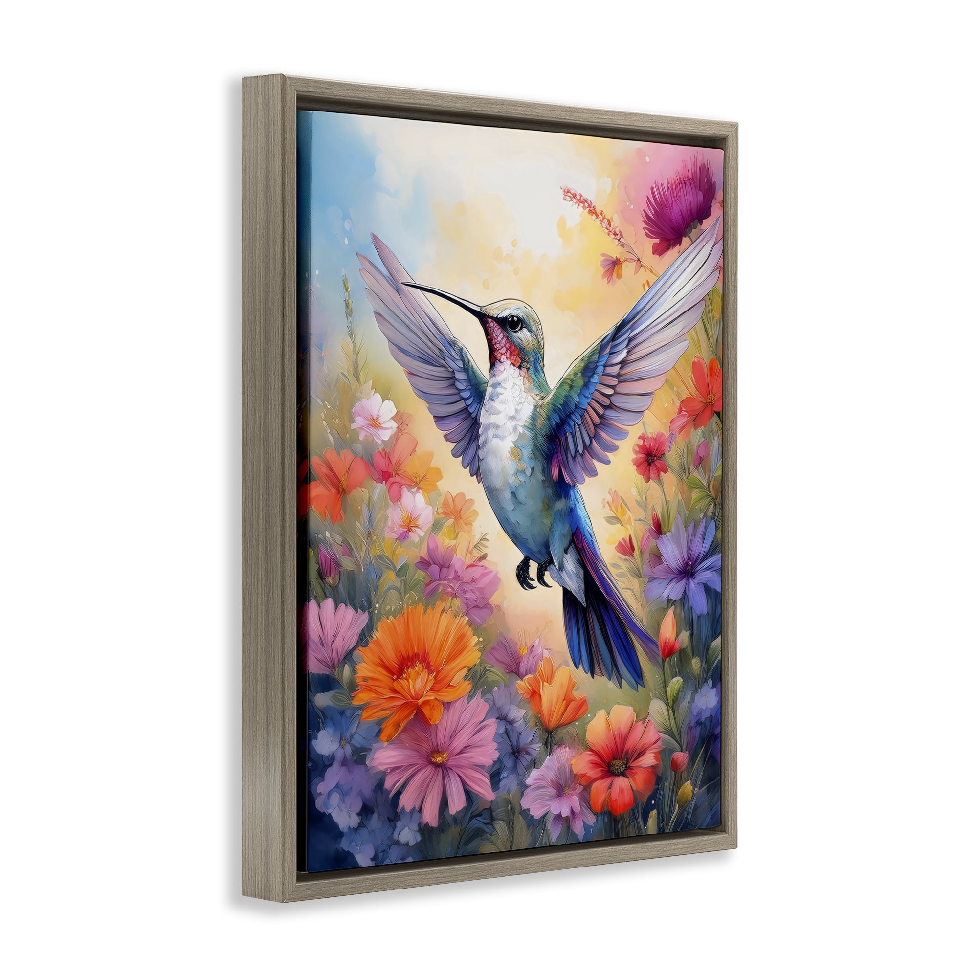 Stupell Industries Colorful Hummingbird in Bloom Brown Framed Floater Canvas Wall Art, design by Creative Studio