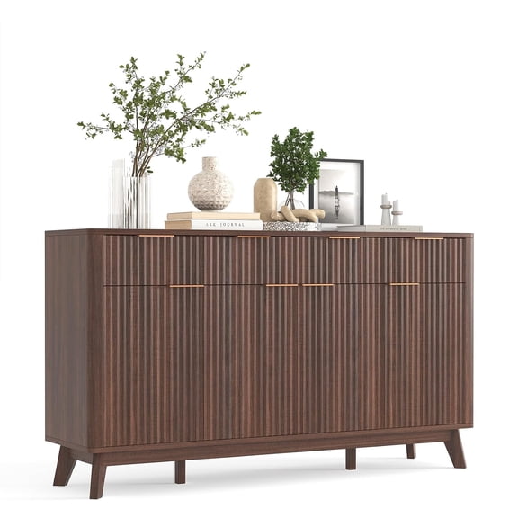 60" Fluted Buffet Cabinet Sideboard with Storage, Large Credenza with 4 Doors and 4 Drawers, Wood Mid Century Modern Sideboard for Kitchen and Living Room