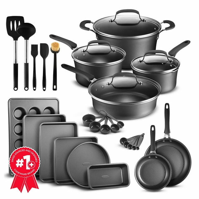 juego de baterías de cocina – 23 piezas – ollas negras de varios tamaños con tapas, sartenes y utensilios para hornear – metal de aluminio prensado reforzado - para gas, eléctrico, cerámica e inducció Vista frontal centrada del set negro que incluye 2 sartenes (8" y 10"), cacerolas de 2.1 QT y 3.0 QT con tapas de vidrio templado, horno holandés de 5 QT, olla grande con mango, moldes para muffins, pan y hornear, bandeja para asar, cucharas medidoras, cucharón, espátula, cepillo y utensilios de silicona; revestimiento antiadherente con patrón de ondas, mangos ergonómicos y construcción de aluminio prensado reforzado; apto para inducción, gas, eléctrica y cerámica (máx. 260 °C). Idóneo como kit completo para estrenar hogar o para hornear varias porciones.