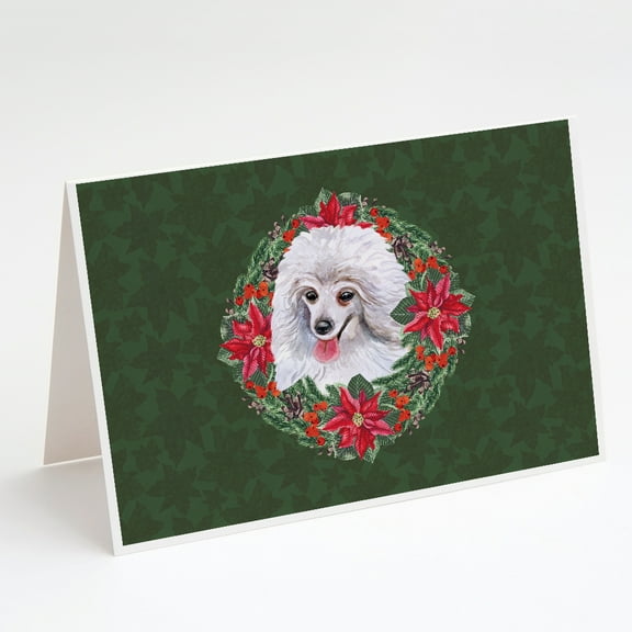 Medium White Poodle Poinsetta Wreath Greeting Cards and Envelopes Pack of 8