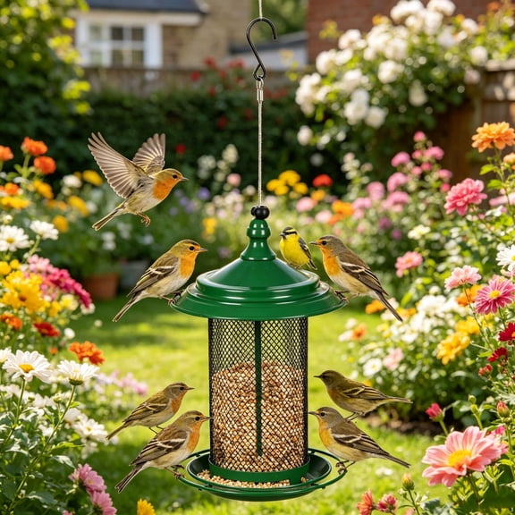 Sahpxhe Bird Feeder Outdoor Hanging, Metal Squirrel Proof Hanging Feeder Large Capacity Sturdy and Lasting for Various Birds Garden Yard Green