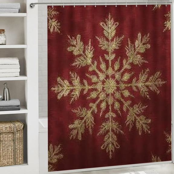 RKSupls Christmas Shower Curtain, Winter Gold Snowflakes Shower Curtain with Hooks for Christmas Home Bathroom Decor Washable Curtains, 72x72 in
