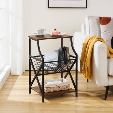 VECELO Modern End Table with Magazine Rack  3 Tier Storage Shelf Bedside Table Nightstand  Record Player Stand for Living Room  Easy Assembly  Brown