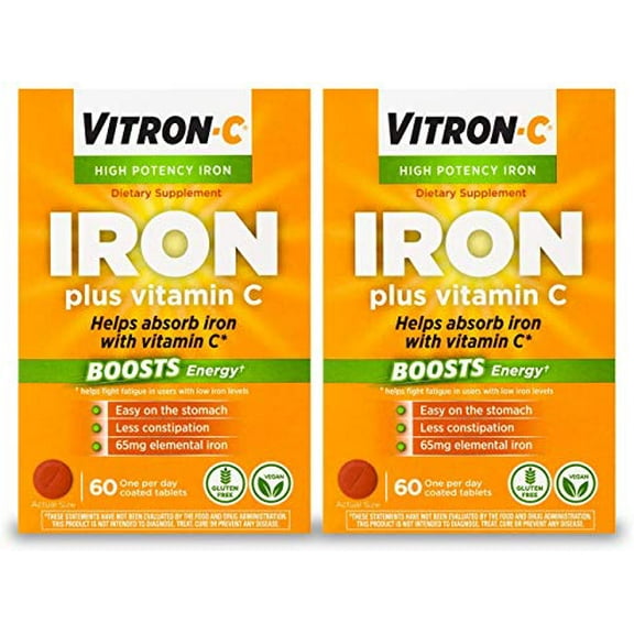 Vitron-C High Potency Iron Supplement with 125 mg Vitamin C, 60 Count | Pack of 2