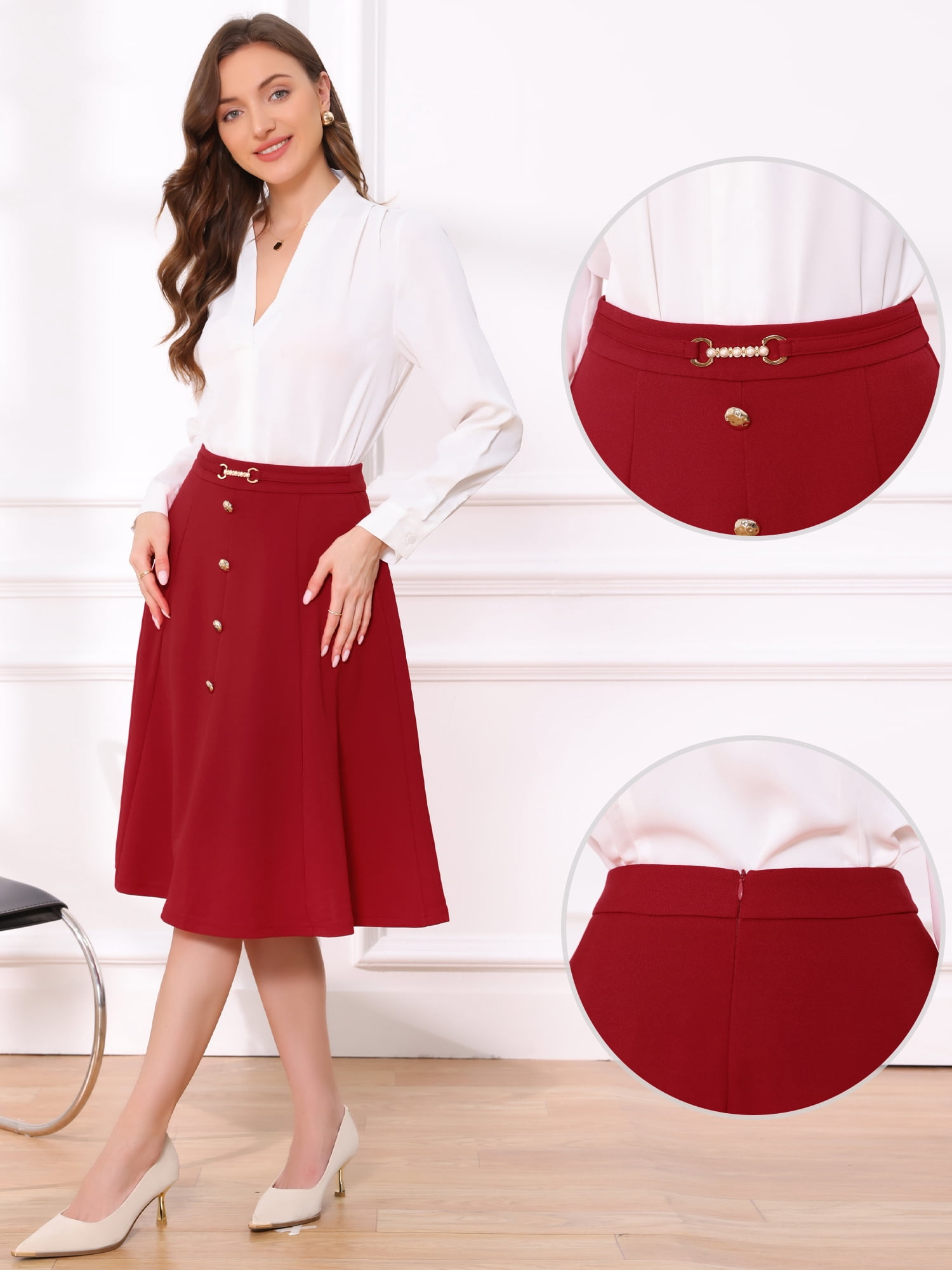 DARING DIVA Women's A-Line Vintage High Waist Pleated Midi Skirts S Red