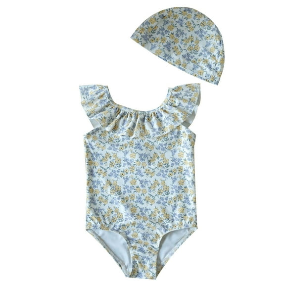Hienoo Toddler Girls Floral Ruffle One-Piece Swimsuit with Swim Hat Bathing Suit, Sizes 1-8
