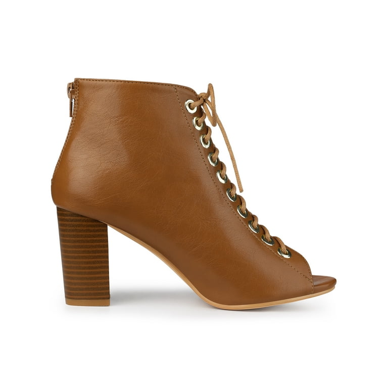 Perphy Women s Lace Up Peep Toe Chunky Heel Ankle Boots Walmart