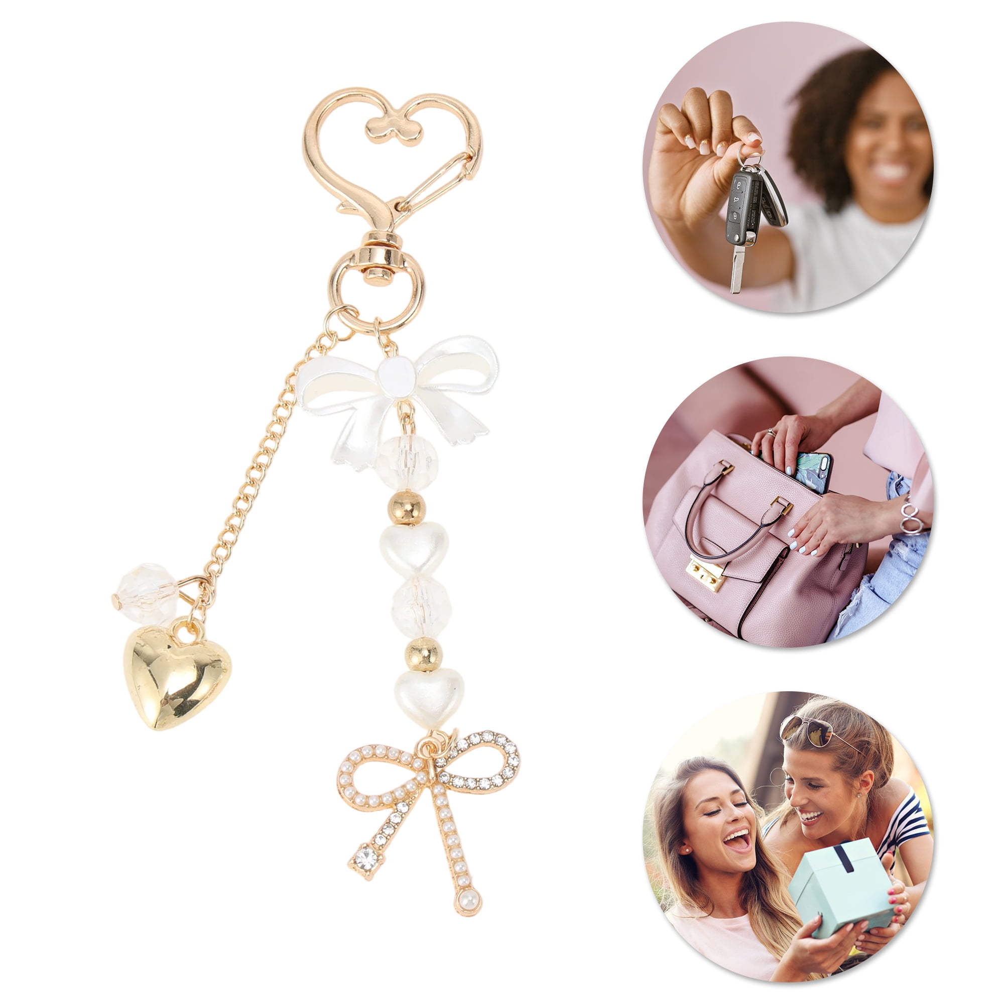 Unique Bargains Heart Bow Handbag Charm Keychain 1 Pc for Bags Gold Tone, Beige