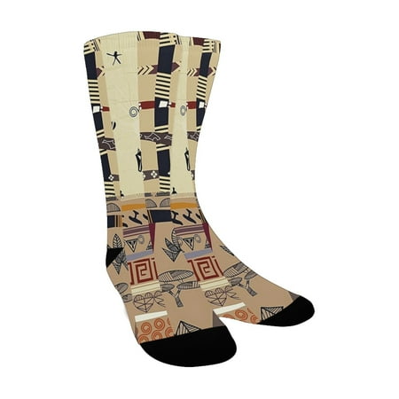 

Tribal Native Hunting Animals in Wilderness Elephant Zebra Fish Snake Tribal Mask Patterns Black Bei Custom Socks for Women
