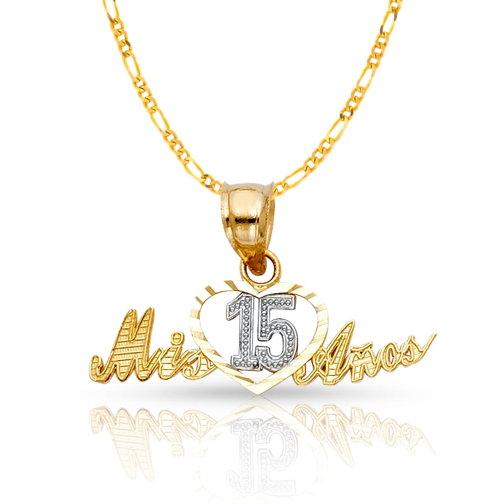 14K Two Tone Gold Sweet 15 Years Quinceanera Heart Mis 15 Anos Charm