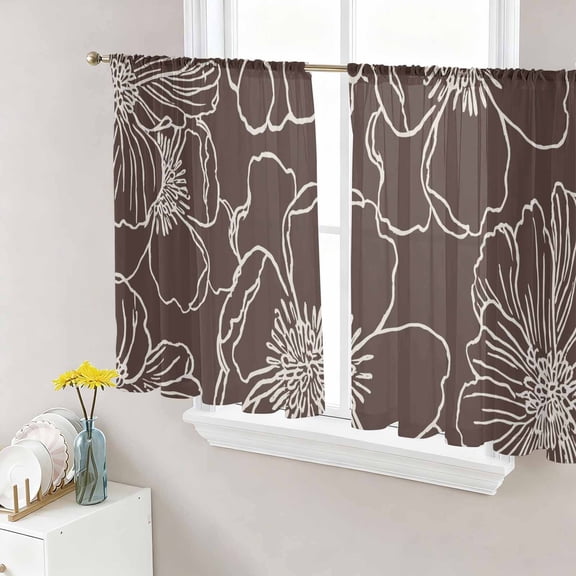 Brown Flowers Sheer Curtains 45 Inch Length 2 Panels Set Window Treatments, Spring Floral Botanical Modern Art Rod Pocket Semi Curtains for Living Room/Bedroom/Kitchen Décor, 104"W x 45"L
