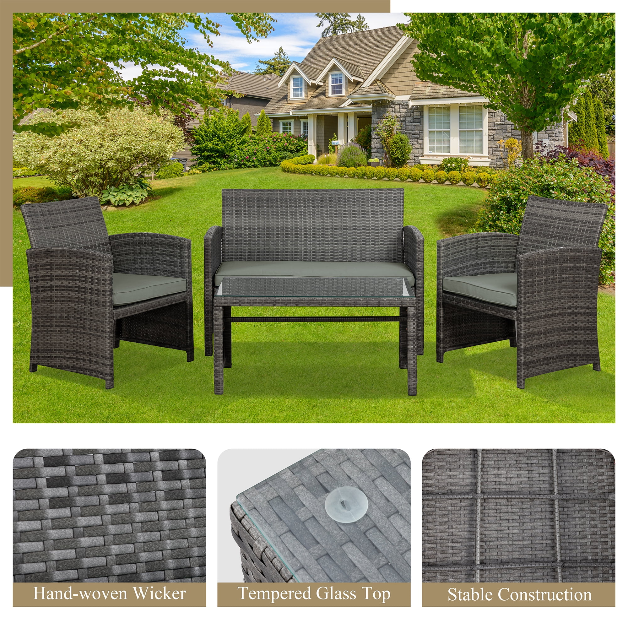 Walsunny 4-Piece Patio Rattan Furniture Set with Cushions & Tempered Glass Tabletop, Gray