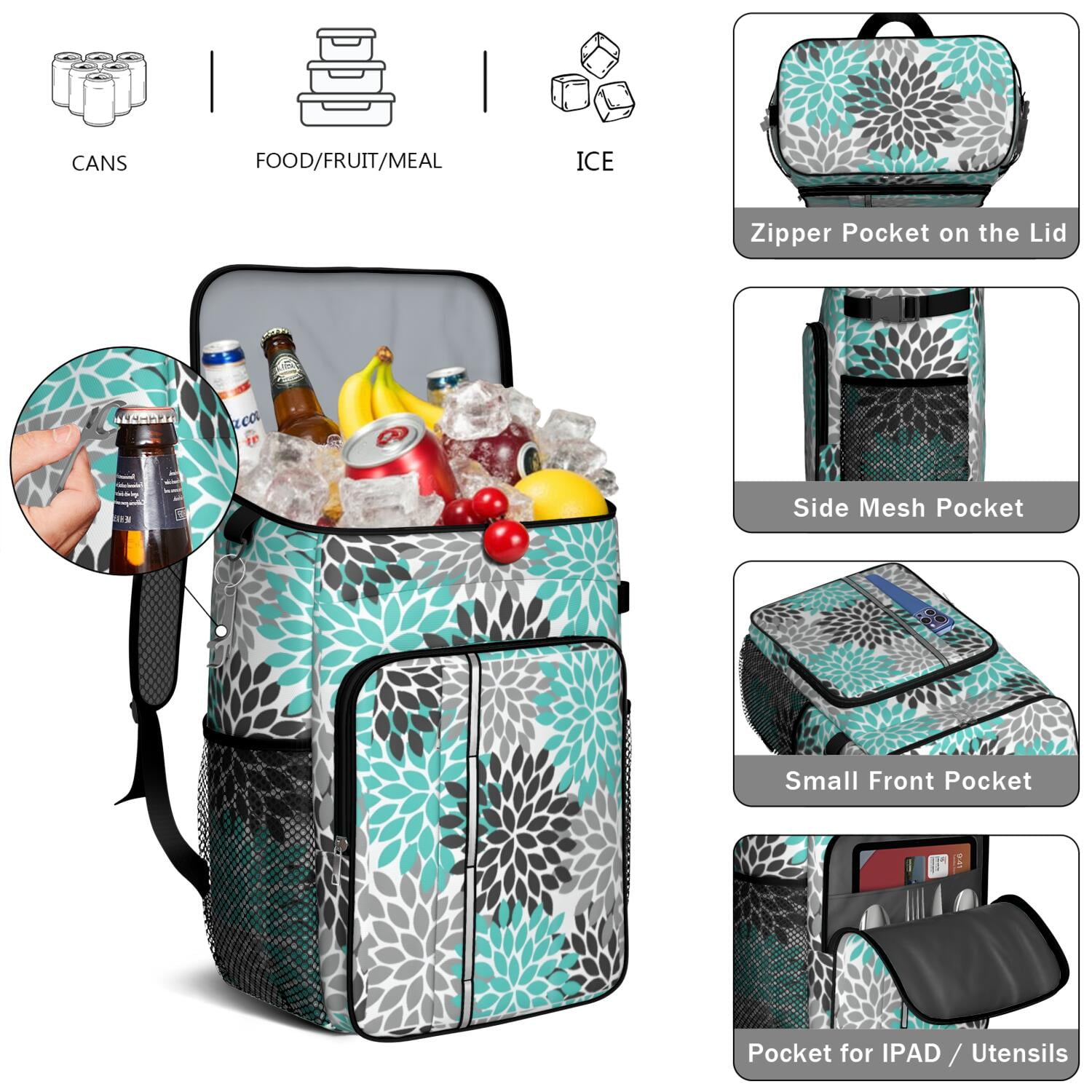 Travel Cooler Bag - Boho Bohemia Pioneer Flower Art Camping Beer Cooler Backpack with Bottle Opener- Waterproof Insulated Picnic Backpacks - Cooler Bag for Beach