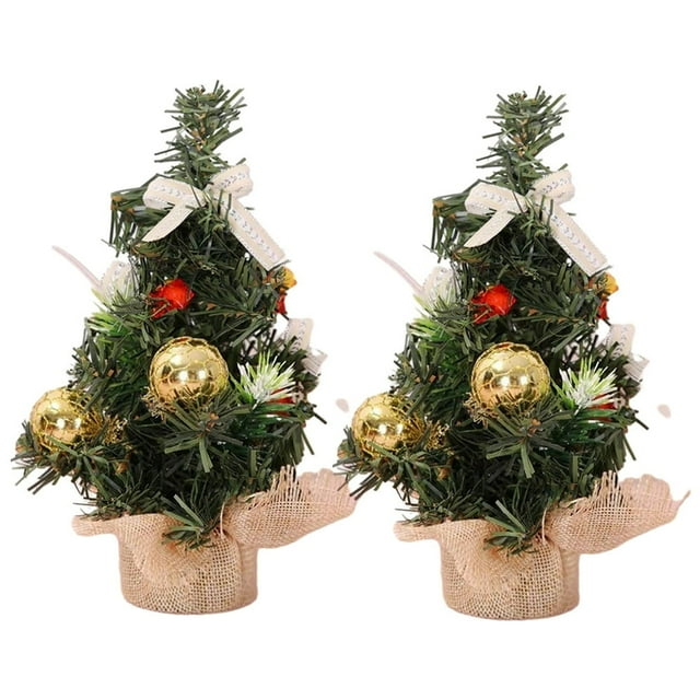2Pcs Mini Christmas Tree Versatile Tree Ornament with Balls And Bows for Desktops Cabinets Bedrooms Decor