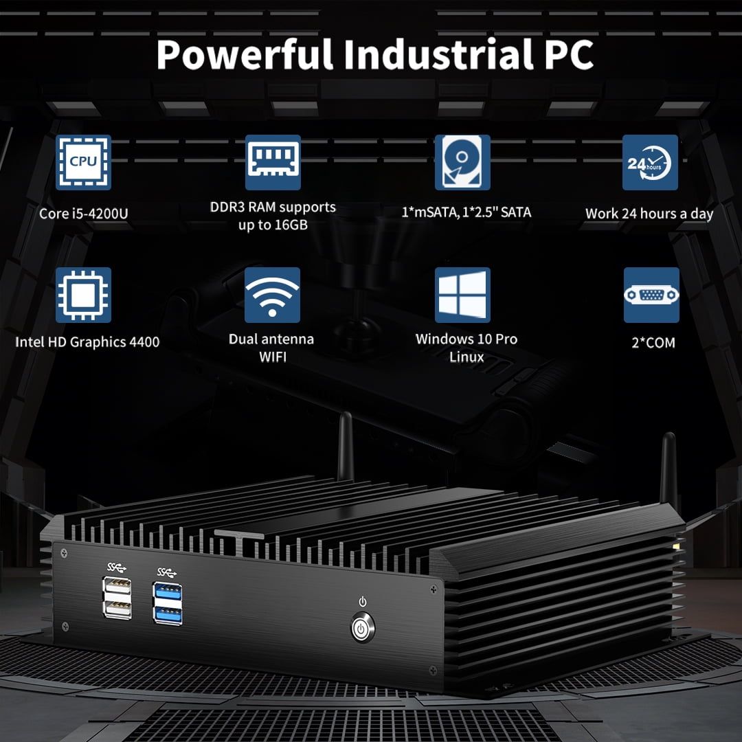 Fanless Mini Industrial PC, Desktop Computer Core i5-4200U Windows 10 Pro, 16GB RAM 256GB SSD, 2xNICs, 2*COM RS232, 4xUSB3.0, Dula-Band WiFi, HDMI/VGA Ports, Gigabit LAN, Auto Power On