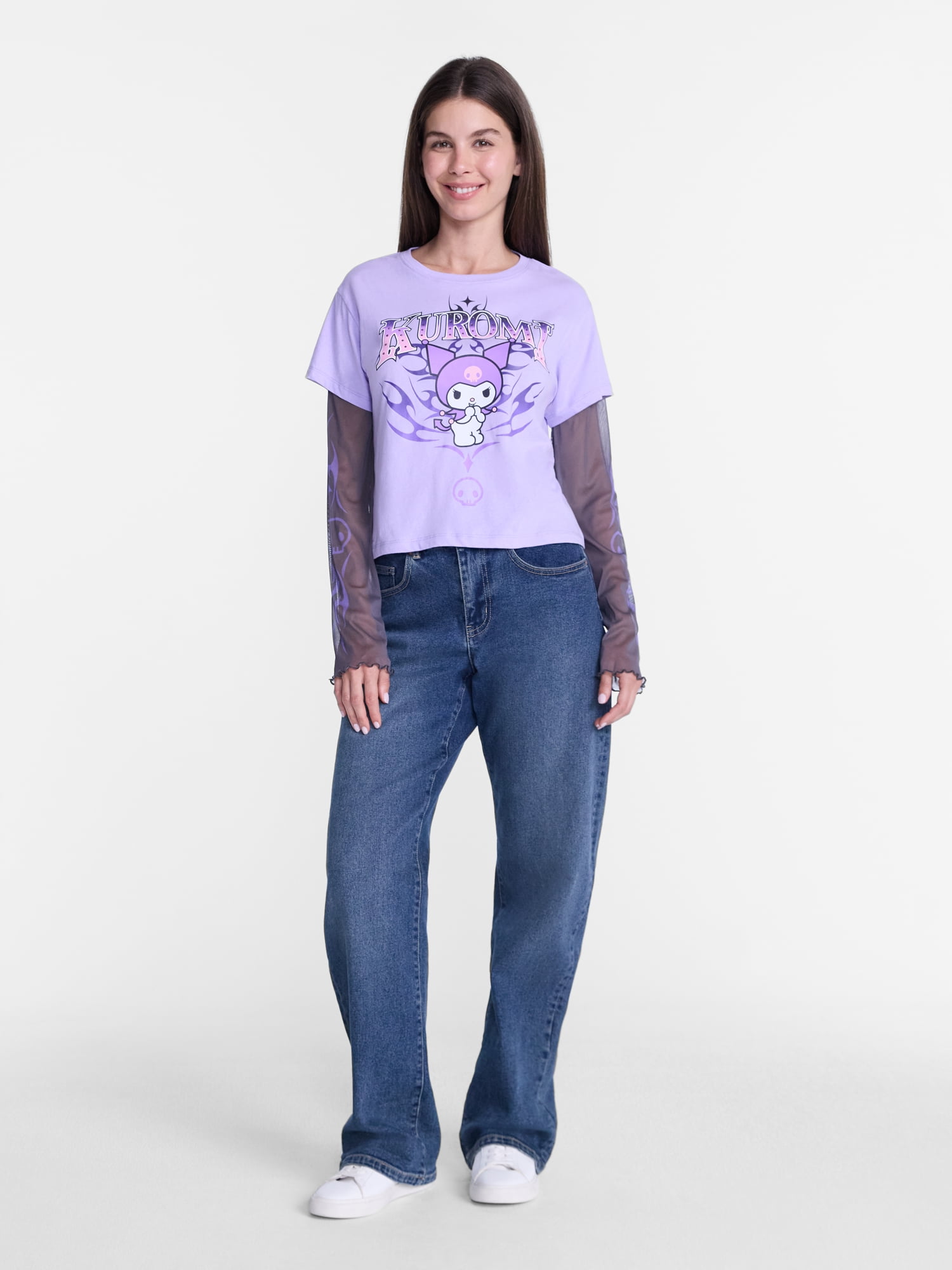 Sanrio Kuromi Women's Graphic Layered Mesh Tee with Long Sleeves, Sizes XXS-XXSL