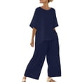 thumbnail image 2 of Xdegoge Linen Two Piece Lounge Sets for Women Casual Short Sleeve Asymmetrical Top and Cropped Wide Leg Pants Outfit Loose Fit Drawstring Waist Trousers Flowy Summer Activewear, 2 of 9