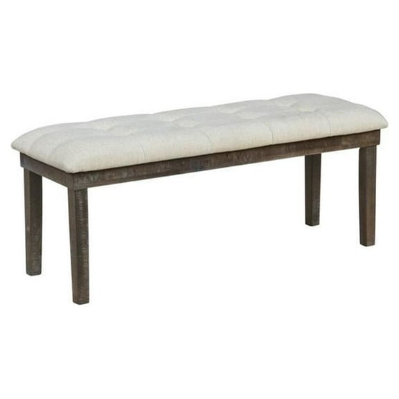 Rustic Dark Oak Dining Bench Upholstered with Beige Linen Fabric