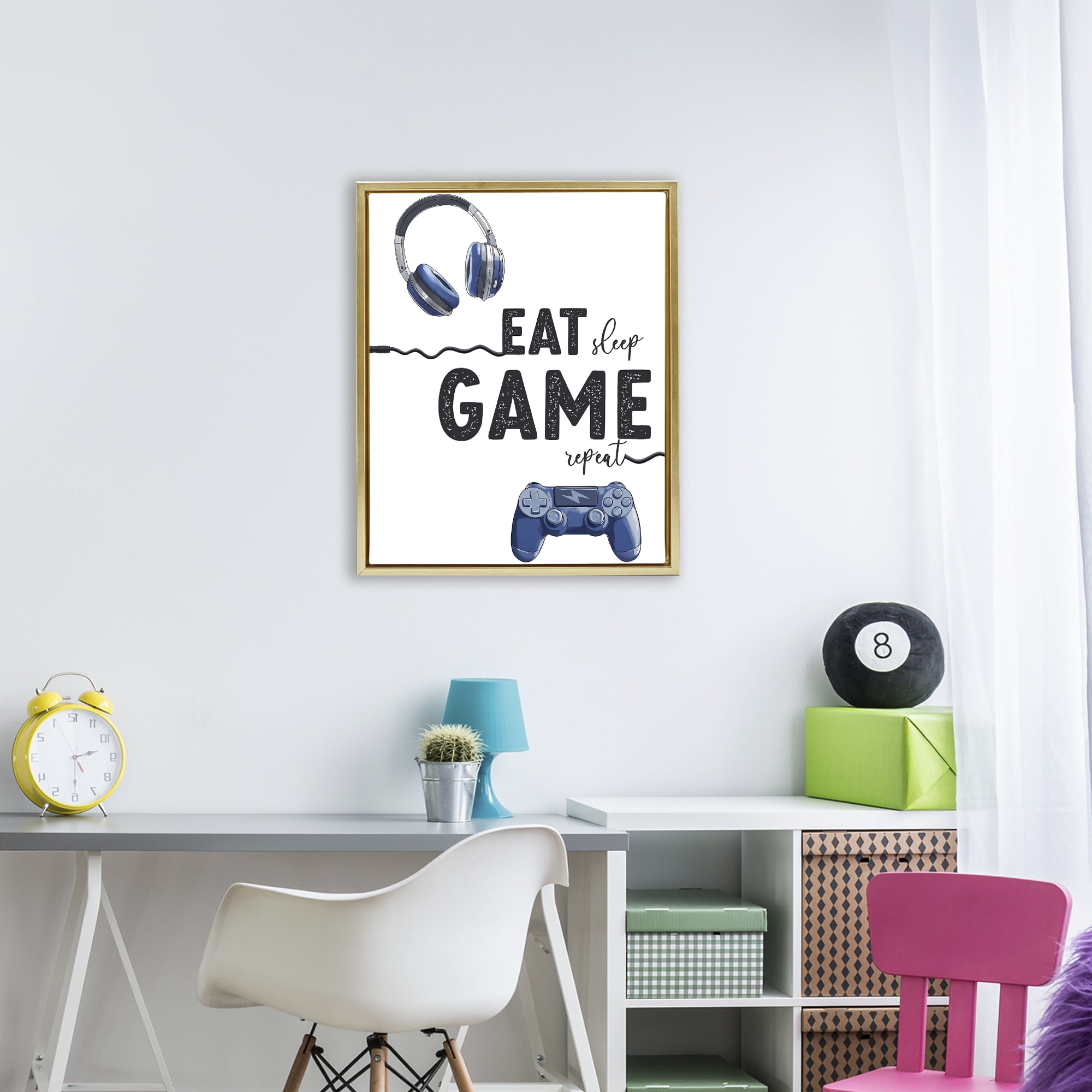 Eat Sleep Game Lifestyle Gold Framed Floater Canvas Wall Art, design by Christine Simpson Art