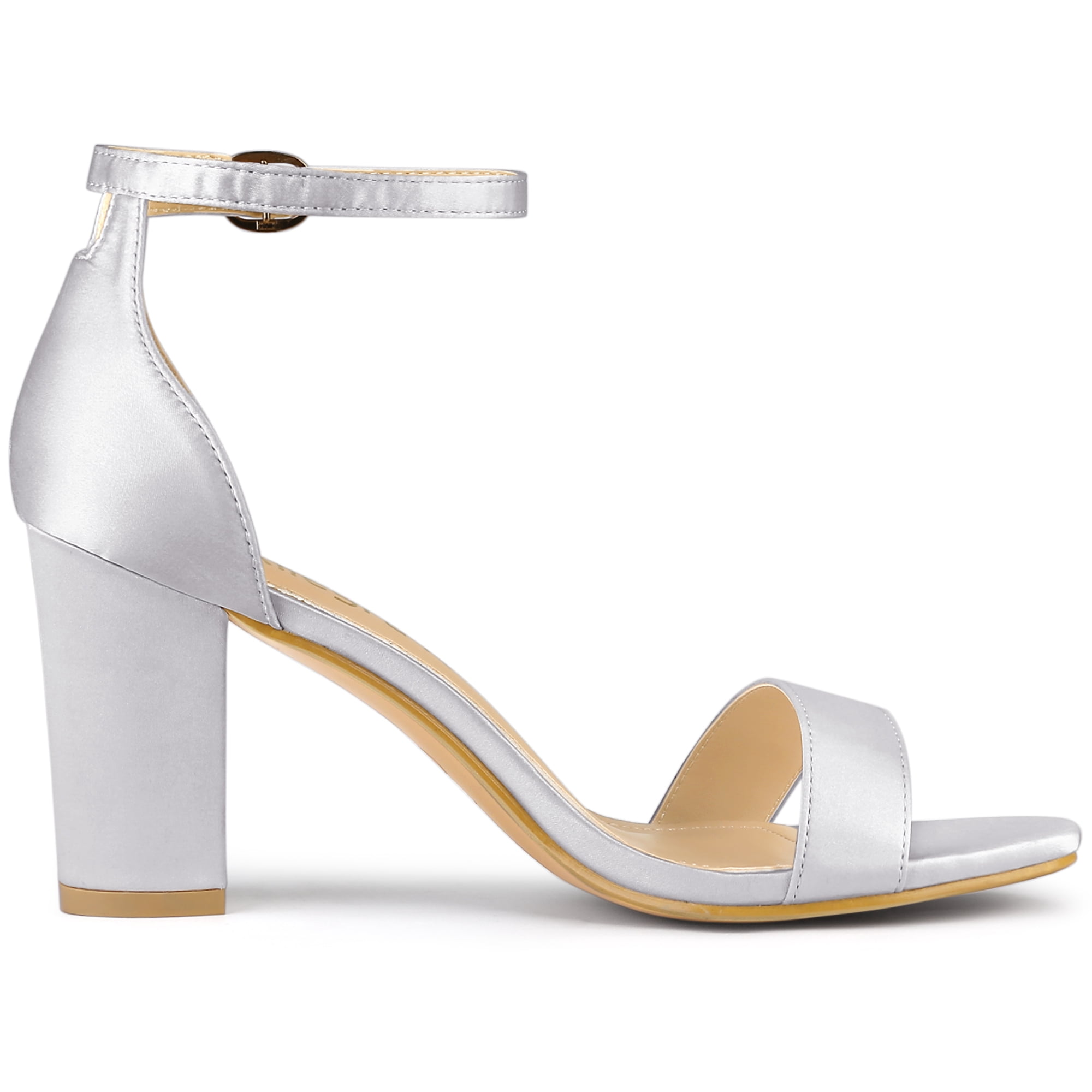 DARING DIVA Women's Satin Ankle Strap Chunky Heels Silver 9.5