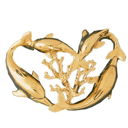 14K Yellow Gold Dolphins And Coral Pendant - 36 mm