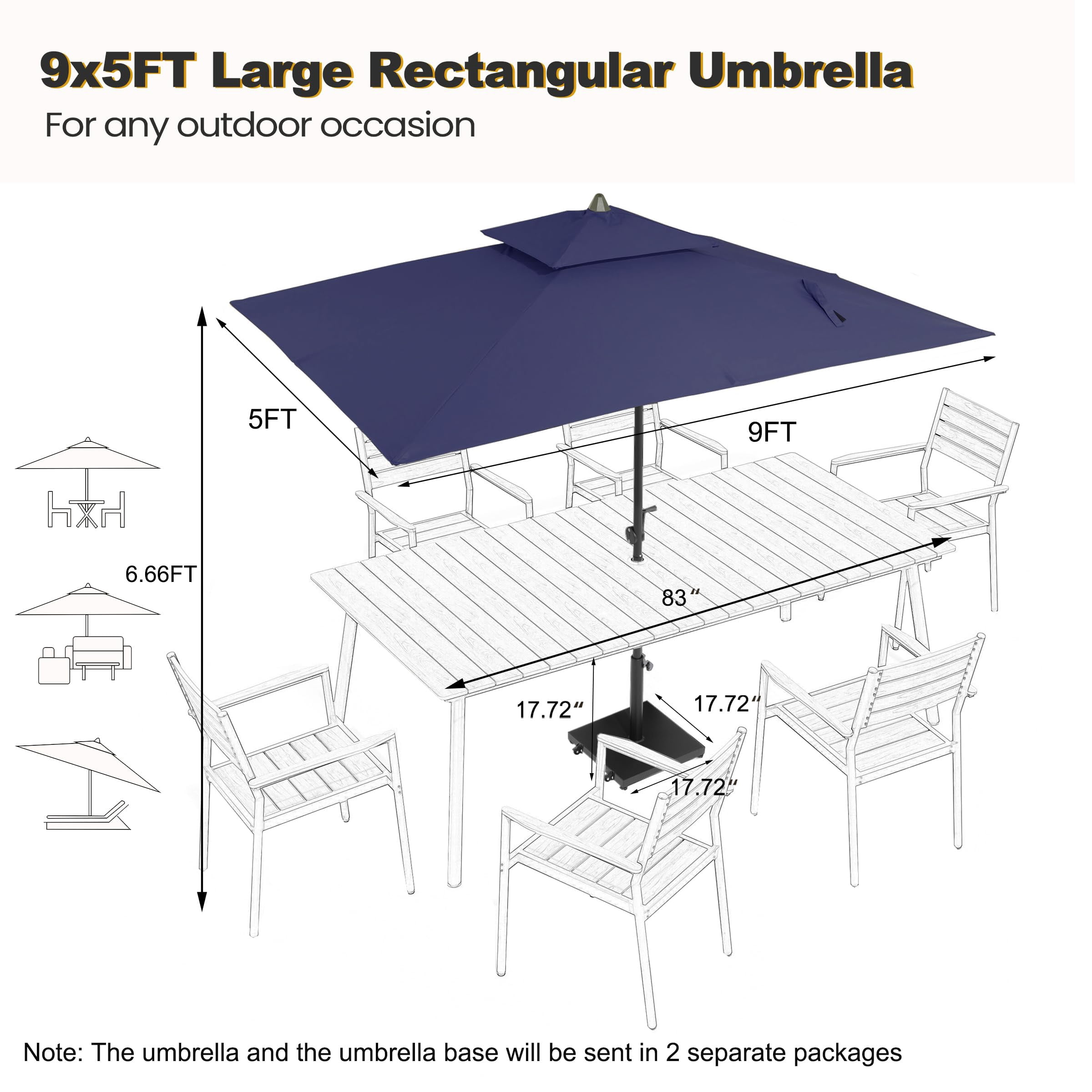 Crestlive Products 9x5ft Patio Umbrella with Base Included , Umbrella with Fade-Resistant Canopy, 43-lb Heavy-Duty Concrete Umbrella Stand with Wheels for outdoor