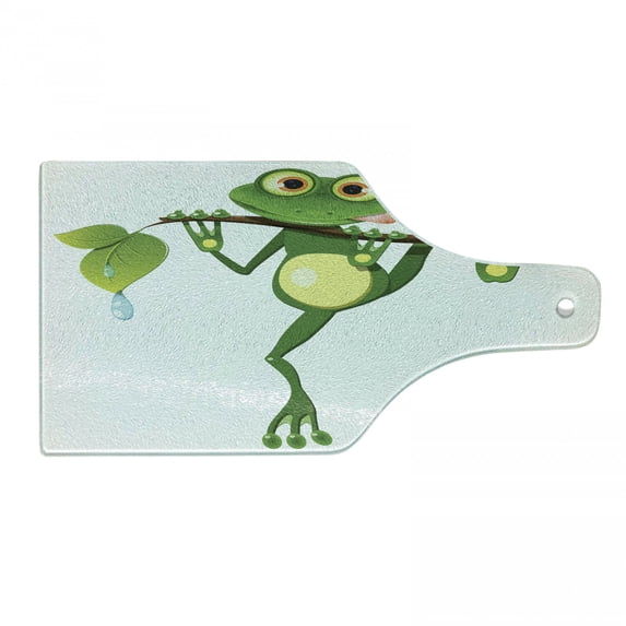 Animal Cutting Board, Little Frog on Branch of the Tree in Rainforest Nature Jungle Life Art Earth, Tempered Glass Cutting and Serving Board, Wine Bottle Shape, Green White Yellow, by Ambesonne