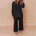 thumbnail image 6 of Cagogo Women's 2 Piece Long Sleeve Shirt Wide Leg Pants Set Casual Lounge Outfits Solid Collared Top Matching Lounge Set Airport Travel Clothes, Black M, 6 of 7