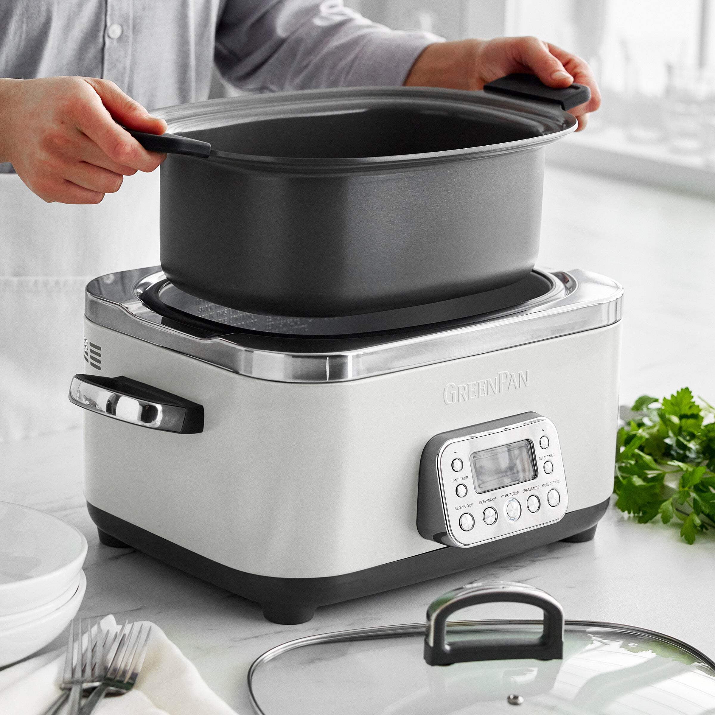 GreenPan 6-Quart, 14-in-1 Slow Cooker, Family Size, Ceramic Nonstick, Dishwasher Safe Parts, Cream