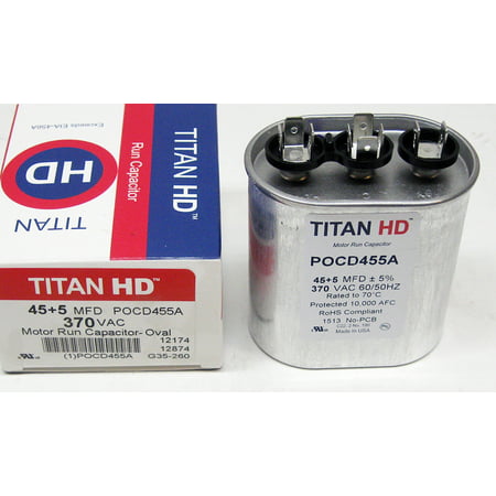 

Titan HD TitanHD POCD455A American-Made HVAC Oval Motor Run Dual Capacitor. 45/5 MFD/UF 370 Volts