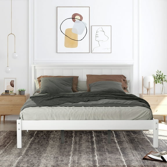Queen Size Bed Frame, BTMWAY Wood Platform Bed with Headboard, No Box Spring Needed, Queen Bed Frame for Kids Teens Adult, Mattress Foundation, Wood Bed Frame Bedroom Furniture, 500lbs Capacity, White
