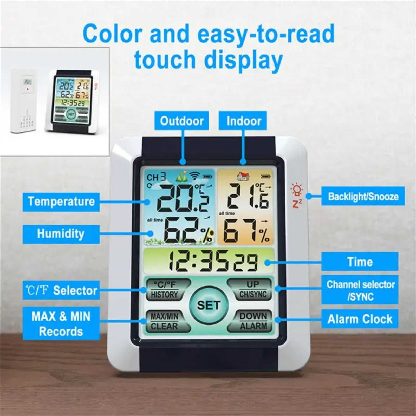 Digital Weather Station Clock Indoor Outdoor Weather Forecast Barometer Thermometer Hygrometer with Wireless Outdoor Sensor ,High Precision