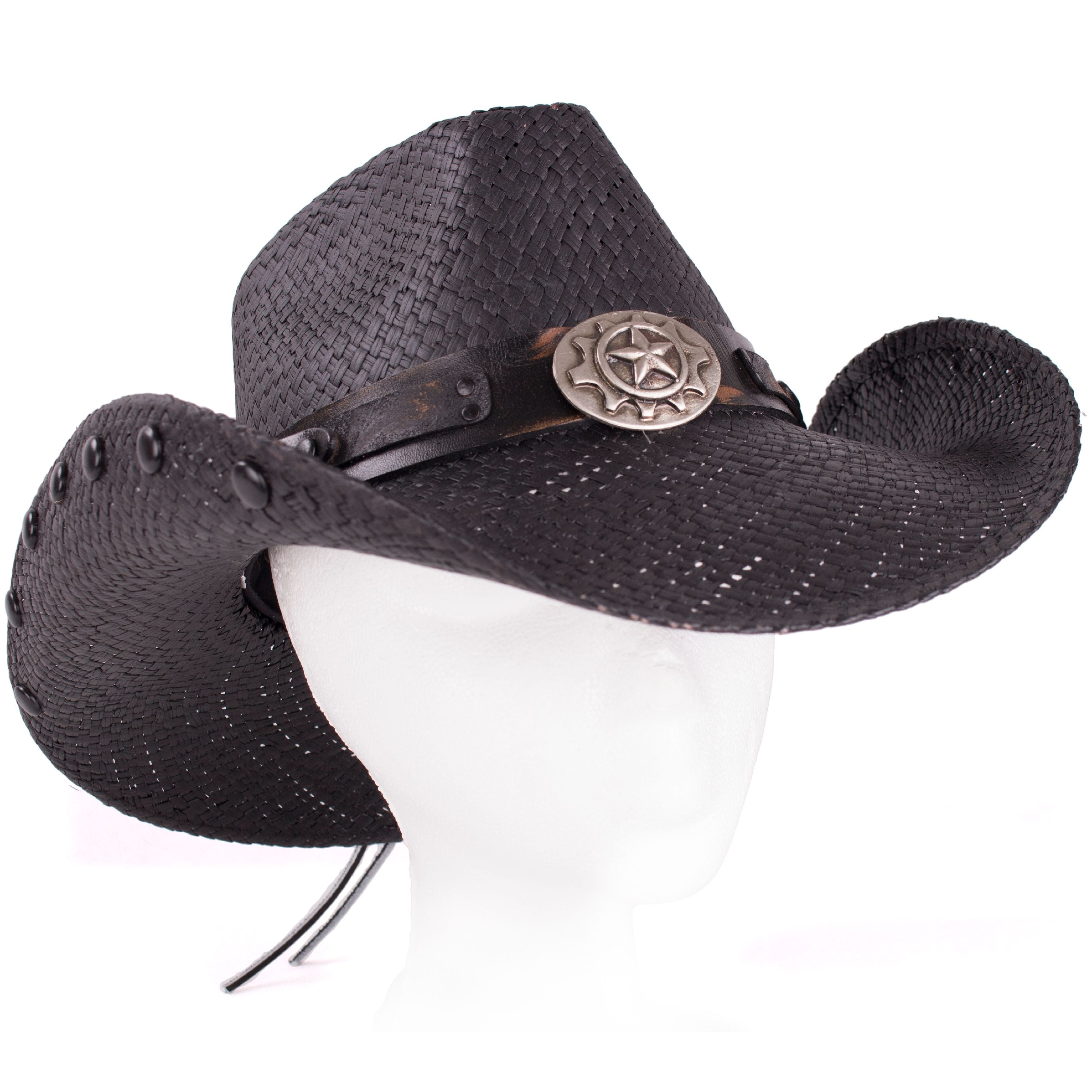 Stampede Genuine Panama Straw Sheriff Riveted Western Cowboy Hat, Black
