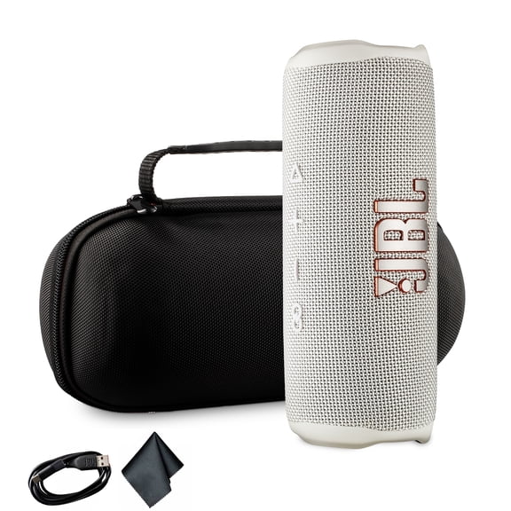 JBL Flip 6 Portable Bluetooth Speaker, IP67 Waterproof, Deep Bass, White Bundle with Travel Case (International Model)
