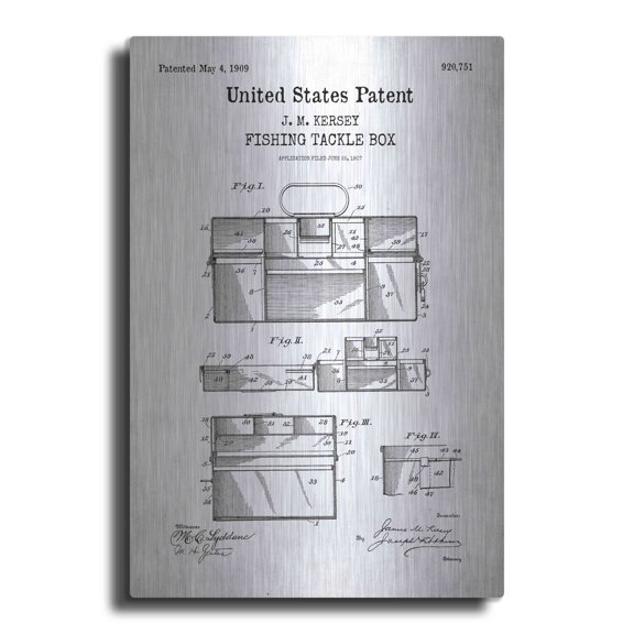 Luxe Metal Art 'Fishing Tackle Box Blueprint Patent White' Metal Wall Art, 24"x36"