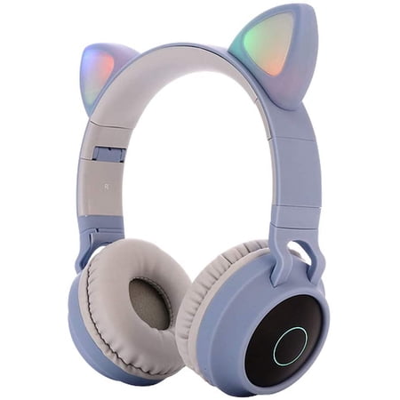 Timoom Kids Bluetooth 5.0 Cat Ear Headphones Foldable On-Ear Stereo Wireless Headset with Mic LED Light and Volume Control Support TF Card Aux in Compatible with Smartphones PC Tablet