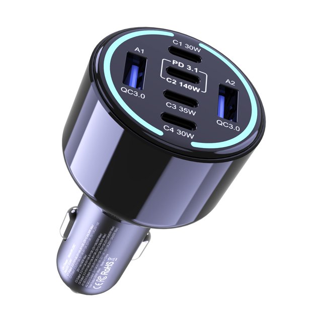 Cargador para auto CHIPOFY de 300 W con USB-C y 6 puertos (4 USB-C + 2 USB-A)