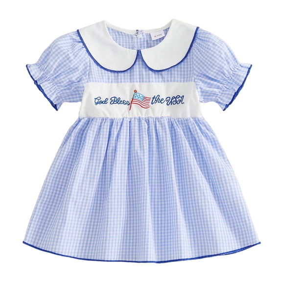 Staki Toddler Baby Girl Dress Memorial Day Embroidery Smocked Plaid Ruffle Dresses Summer Clothes 4th of July Outfit,3-4 Years