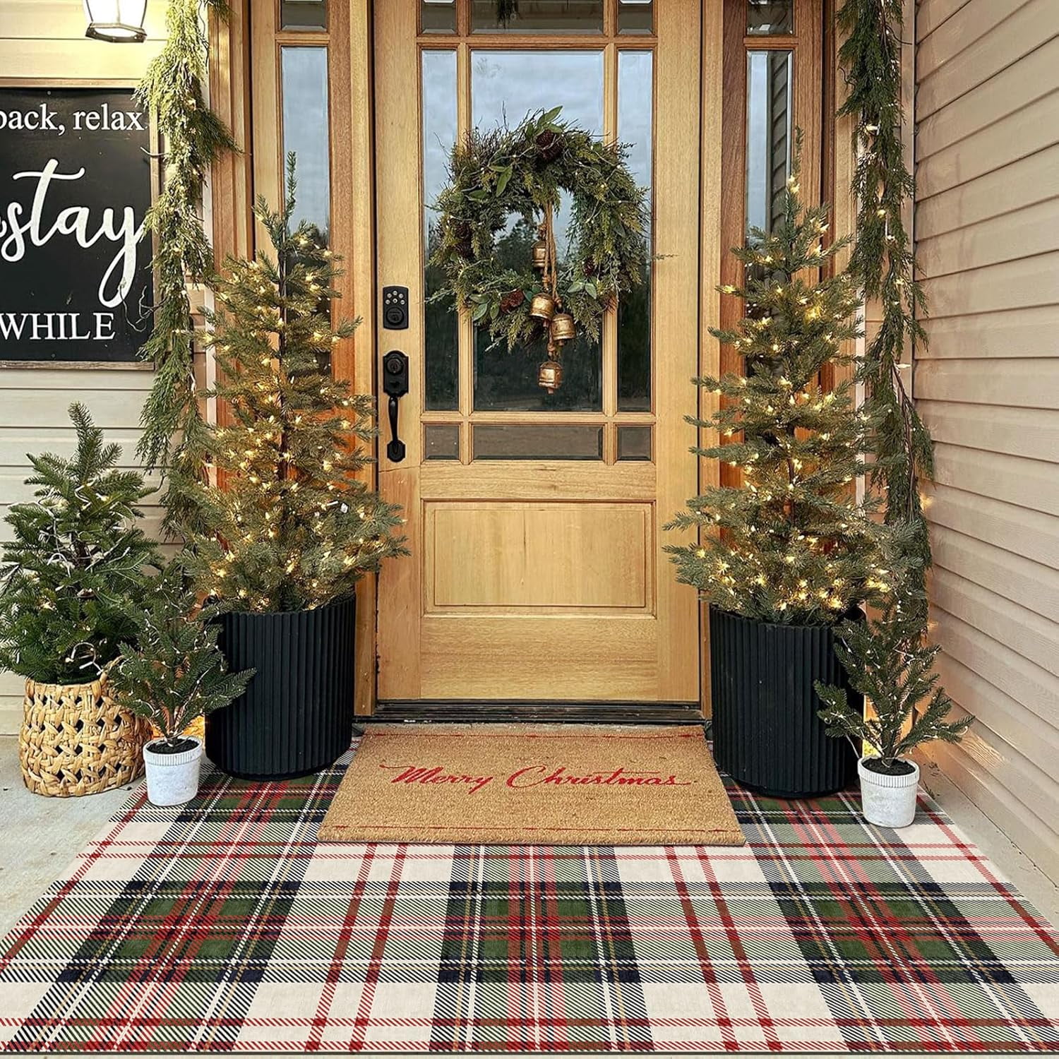 Christmas 3x5 Entry Rug - Small Washable Indoor Outdoor Mats for Front Door Non-Slip Porch Rug Holiday Tartan Plaid Throw Rugs for Living Room Bedroom Entryway Kitchen Office Porch Decor