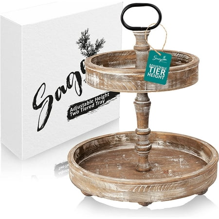 

Two Tiered Tray Stand - Large 15 Inch Round Premium Farmhouse Tiered Tray with Unique Adjustable Tier Height and Stability Design - Rustic Wooden Tiered Tray - Distressed 2 Tier Tray for Decor