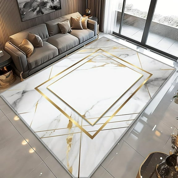 White and Gold Marble Frame Area Rugs, Luxurious Marble Washable Area Rugs for Living Room Non Slip Backing Rugs for Bedroom, Printed Home Decor Area Rug 2x3ft