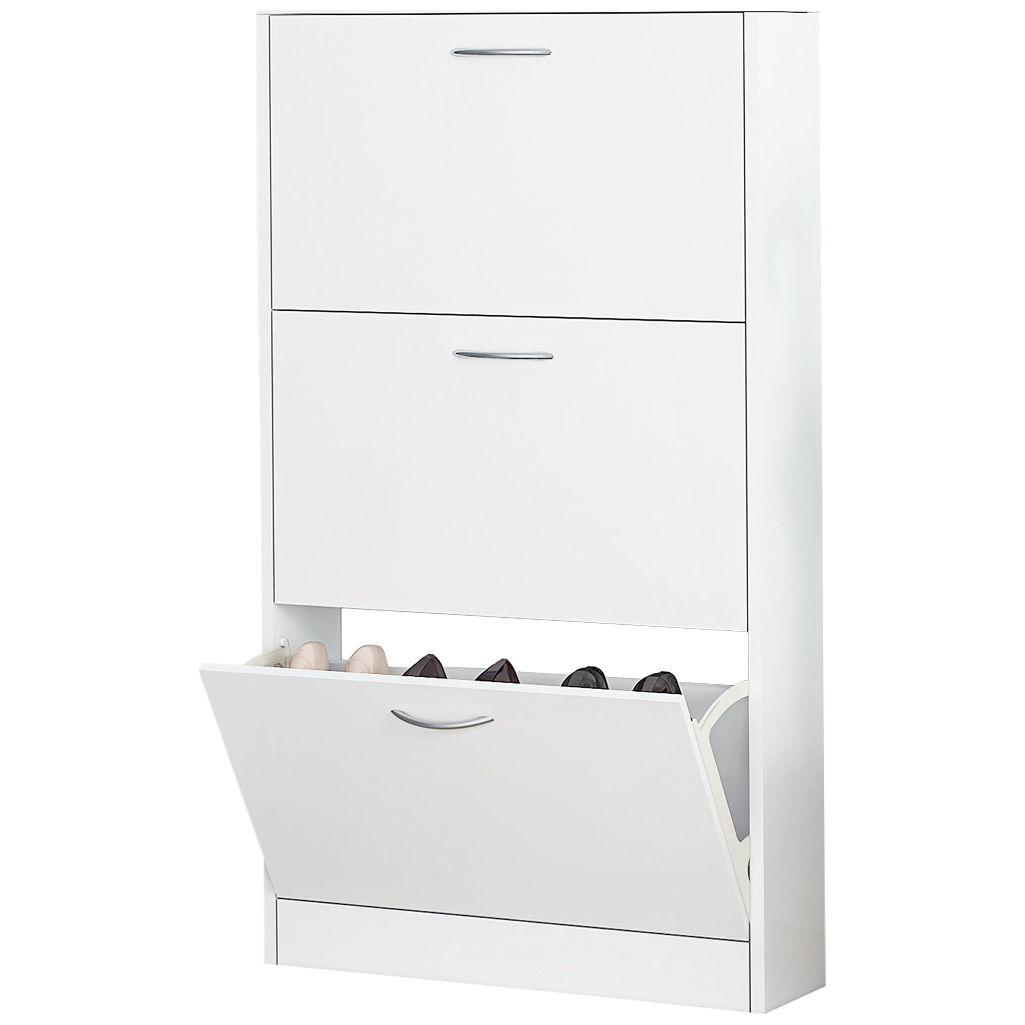Shoe Cabinet for Entryway, White Narrow Shoe Storage Cabinet Flip Down Shoe Rack Wood 3 Tier Shoe Organizer for Home and Apartment