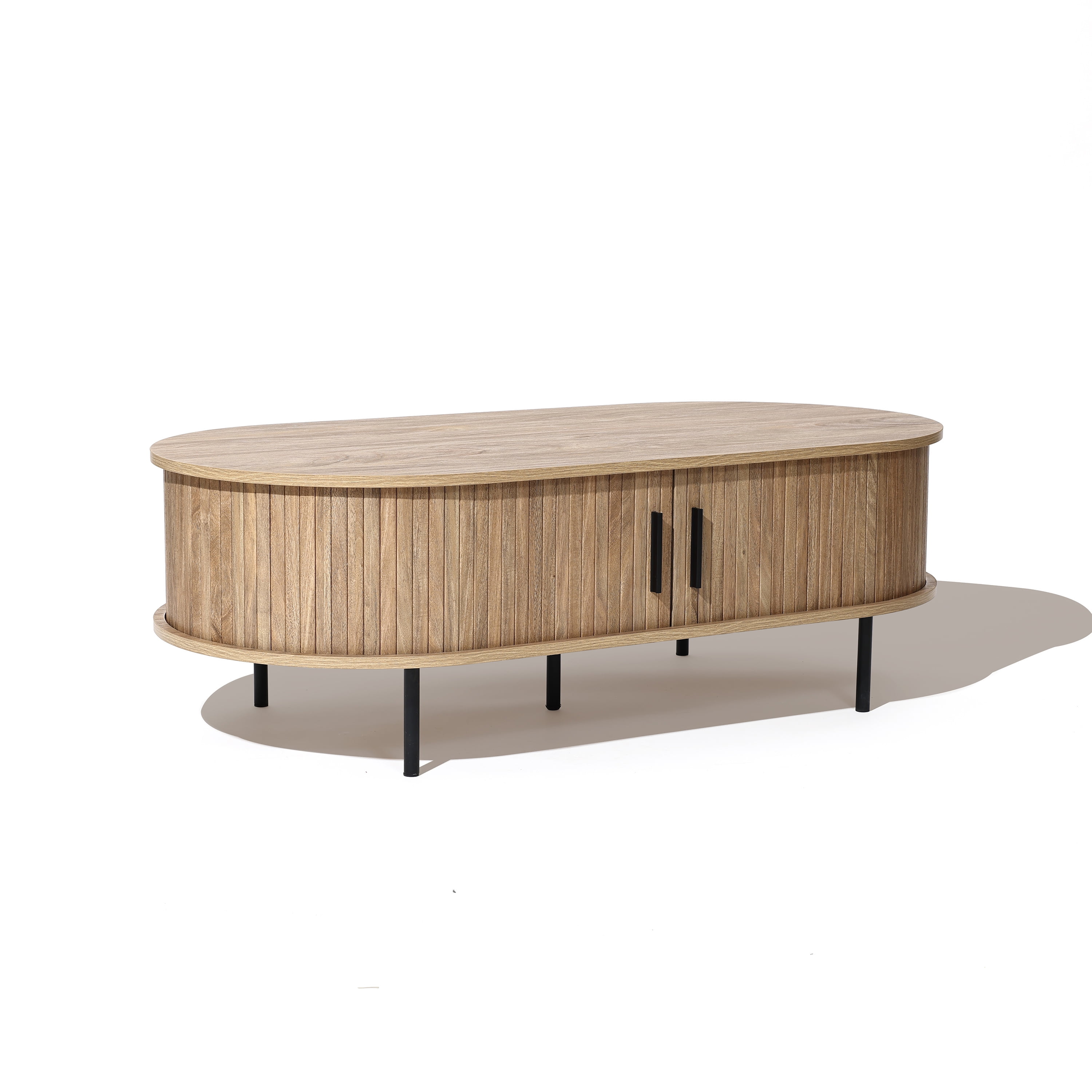 LuxenHome Oval Coffee Table with Storage, 47" Mid Century Modern Fluted Coffee Tables for Living Room, Wooden Sliding Door Boho Storage Center Table for Home, Office