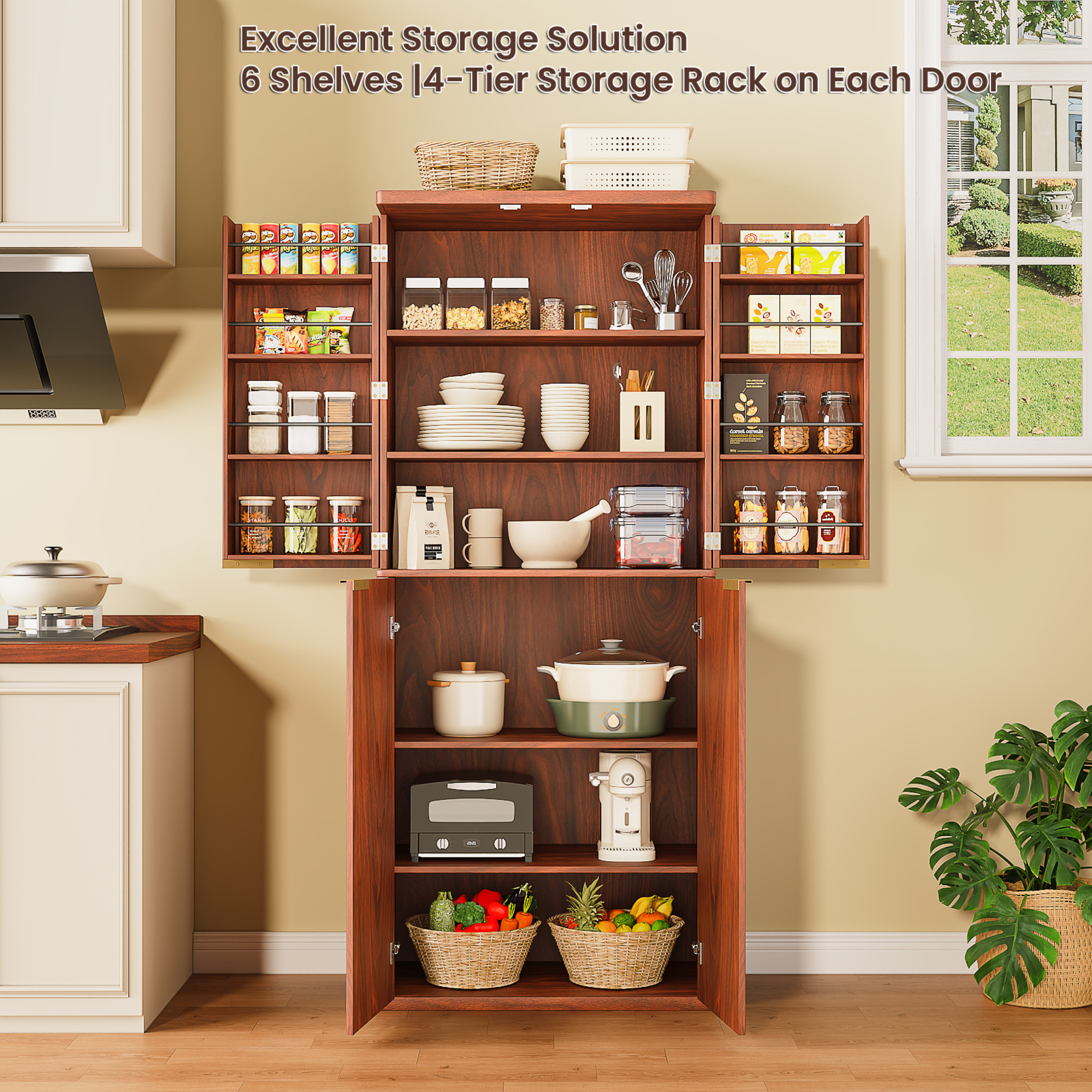 Noble House 72" Tall Modern Fluted Wood Kitchen Pantry Cabinet with Shelves & Door Storage, Walnut
