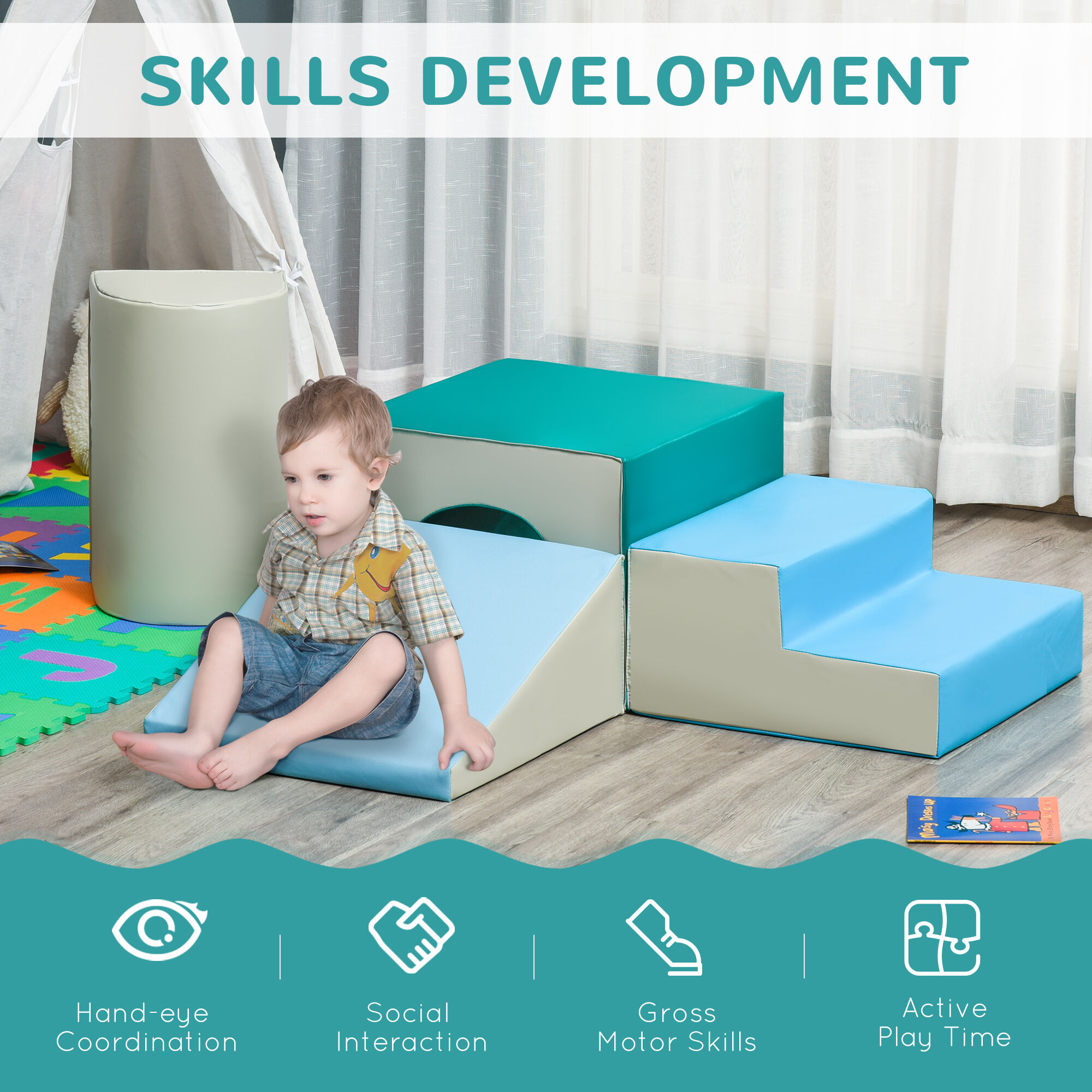 Soft Play Mat Qaba Foam Play Set for Toddlers and Children, Easy-to-clean 4 Piece Soft & Safe Kids Climbing Set for Crawling or Sliding, Multicolor,Baby Play Mat
