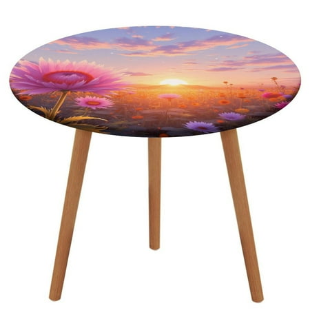 

Sunset Floral Meadow Tablecloth Round Elastic Fitted Waterproof Table Cover Cloth for Dining Room Indoor Outdoor Decor M-45 -50