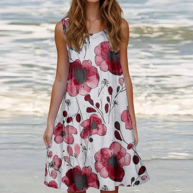 Staron Robes pour Femmes Été Liquidation à Moins de 10 $ Ample Col Rond Débardeur Robe à Imprimé Floral Ligne A Fluide Poches Sans Manches Décontractée Printemps Plage Tenues Robe d'Été Rouge TG