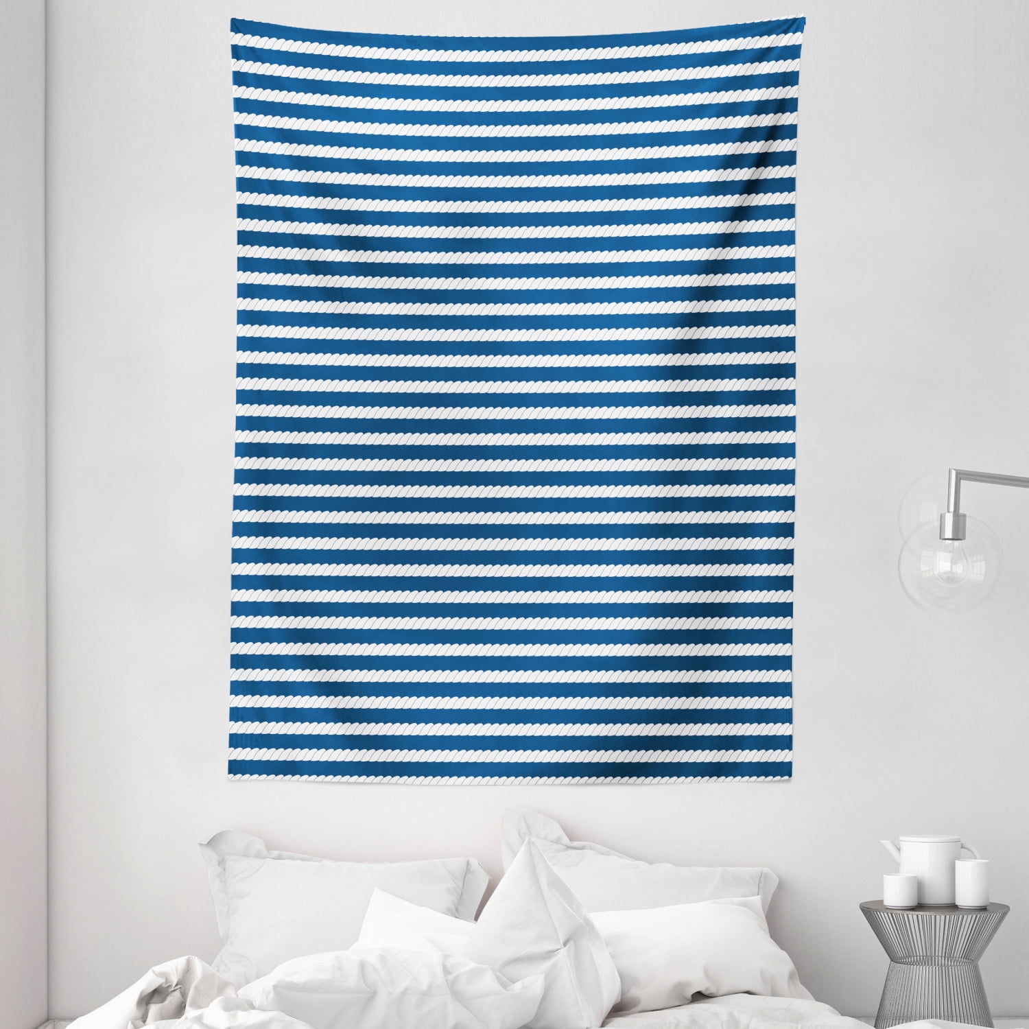 Blue and White Tapestry, Yacht Navy Marine Themed Rope Stripe Pattern ...
