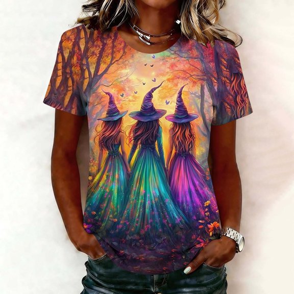 Halloween Tops for Women Colorful Witches Graphic T-Shirts Short Sleeve Crewneck Fall Blouses Casual Novelty Tees Holiday Festival Shirts Comfortable Wear
