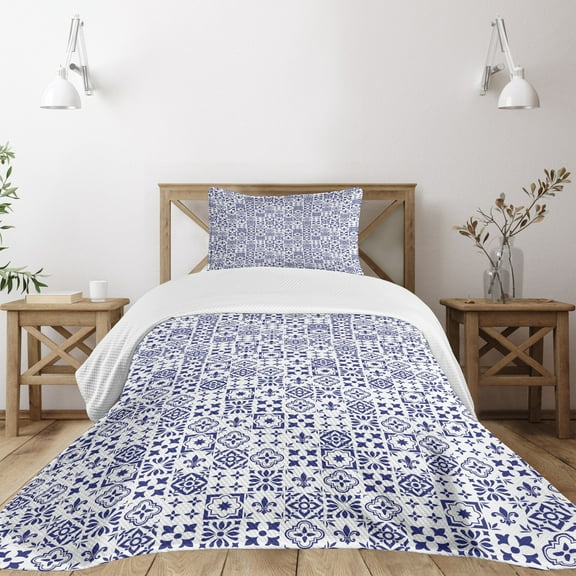 Ambesonne Indigo Quilted Bedspread Set 2 Pcs, Tile Square Abstract Pattern, Twin Size, Indigo White
